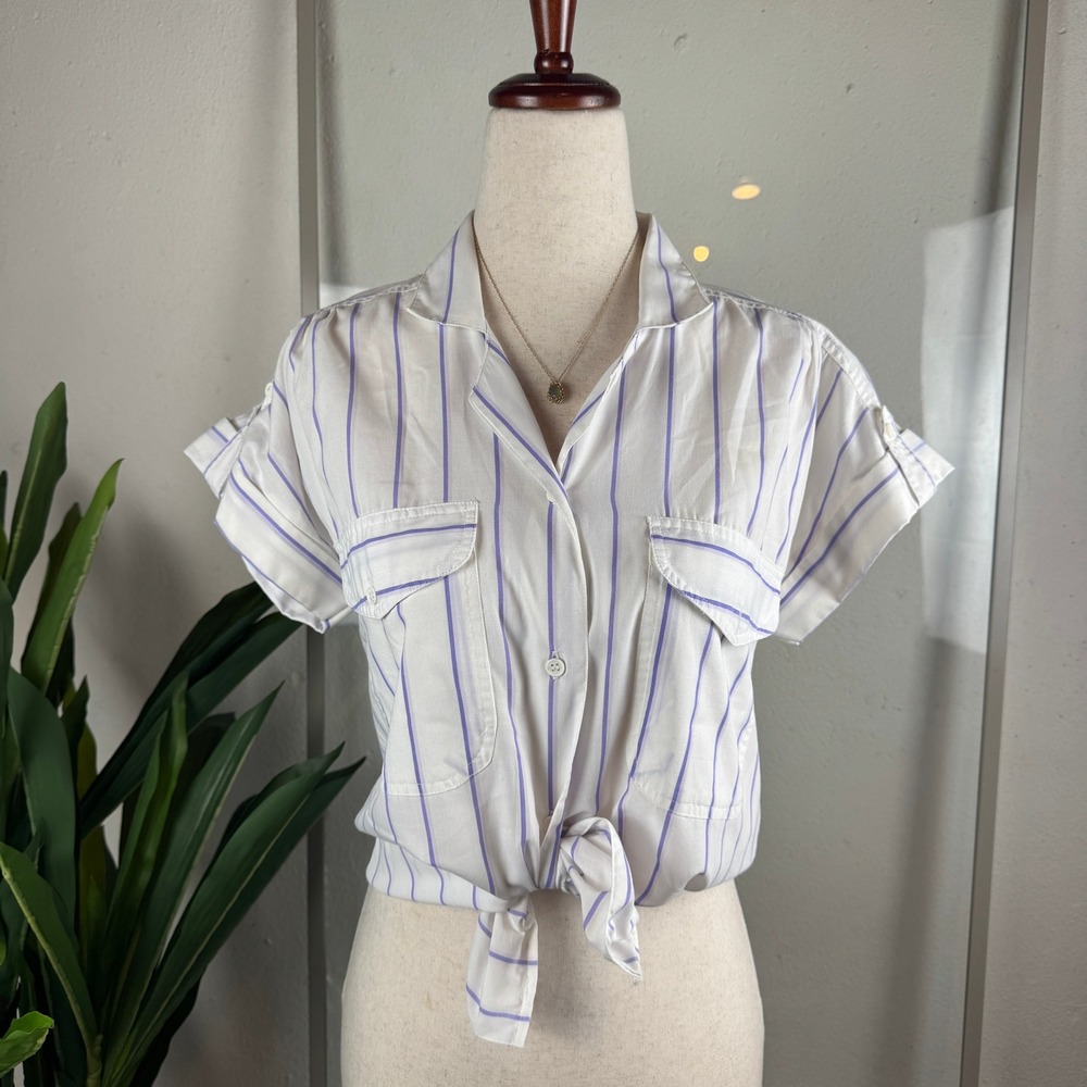Retro 90s Summer Camp Striped Button Down Shirt‎ Womens Purple White Medium VTG